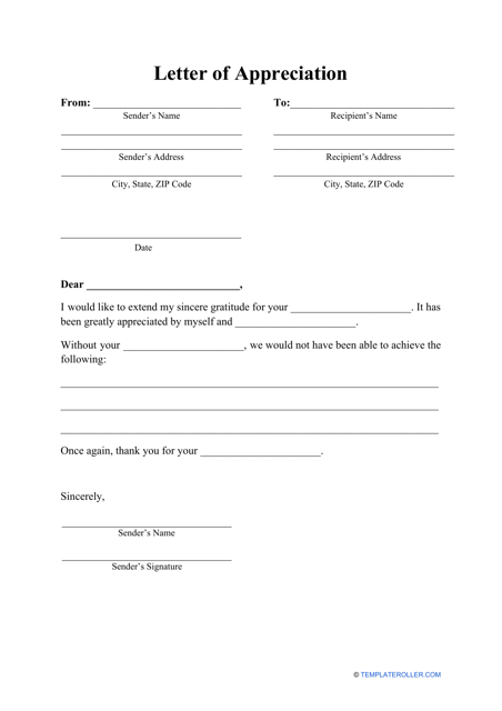 Letter of Appreciation Template Download Printable PDF | Templateroller