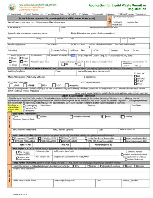 Form LW401E Application for Liquid Waste Permit or Registration - New Mexico