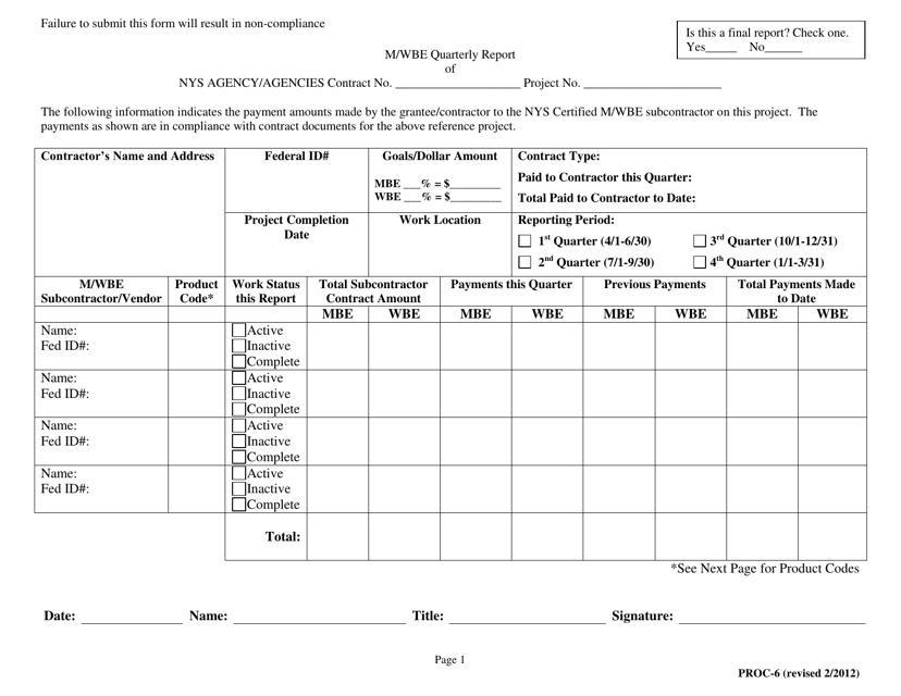 Form PROC-6 M/Wbe Quarterly Report - New York