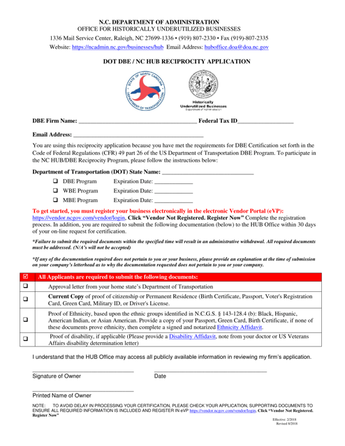 Dot Dbe/Nc Hub Reciprocity Application - North Carolina