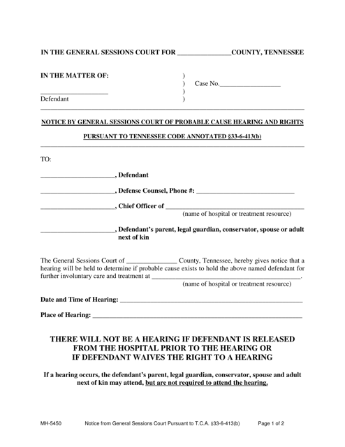 Form MH-5450 Notice From General Sessions Court Pursuant to T.c.a. 33-6-413(B) - Tennessee