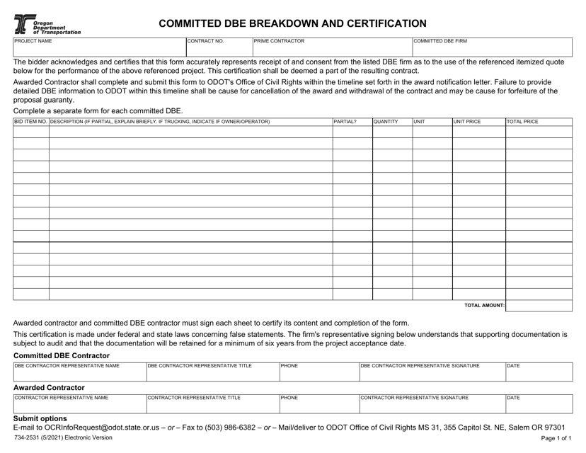 Form 734-2531 Committed Dbe Breakdown and Certification - Oregon