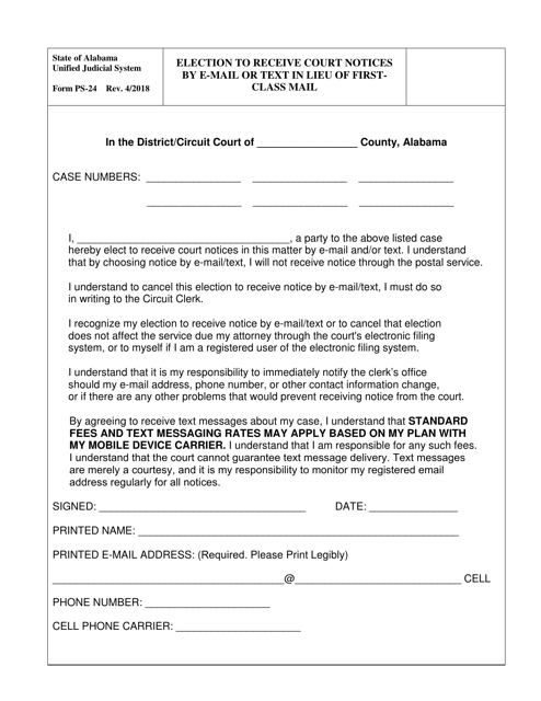 Form PS-24 Election to Receive Court Notices by E-Mail or Text in Lieu of Firstclass Mail - Alabama