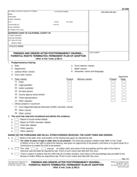 Document preview: Form JV-445 Findings and Orders After Postpermanency Hearing - Parental Rights Terminated; Permanent Plan of Adoption - California