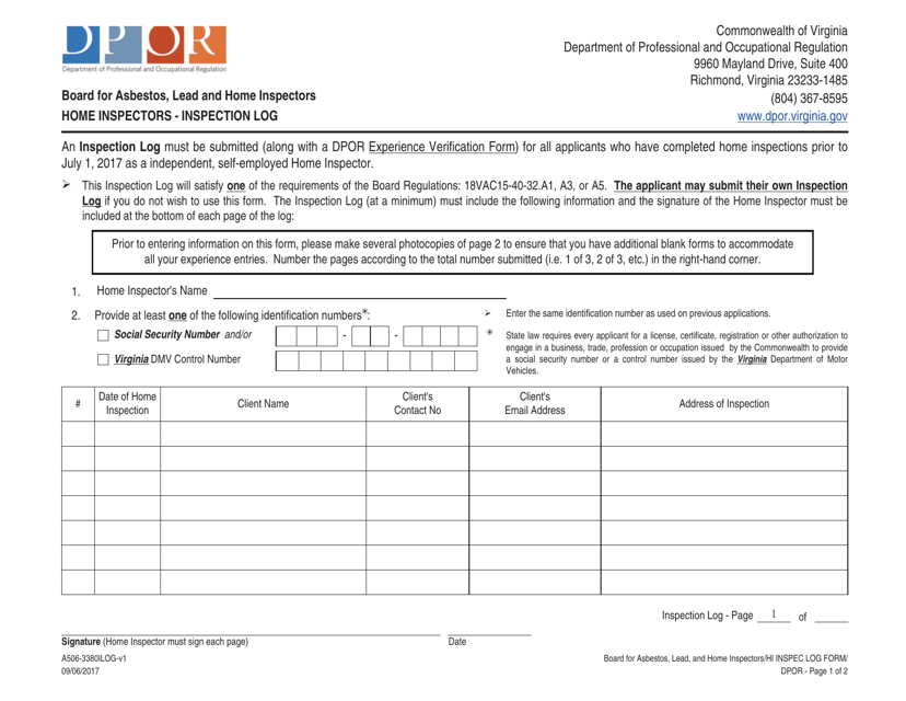 Form A506-3380ILOG Home Inspectors - Inspection Log - Virginia