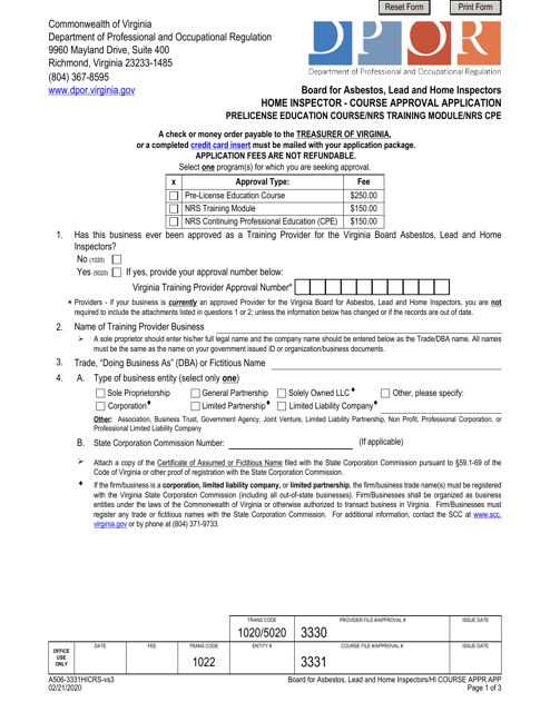 Form A506-3331HICRS Home Inspector - Course Approval Application - Prelicense Education Course/Nrs Training Module/Nrs Cpe - Virginia