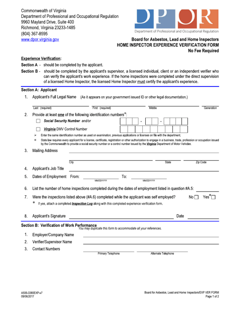 Form A506-3380EXP Home Inspector Experience Verification Form - Virginia