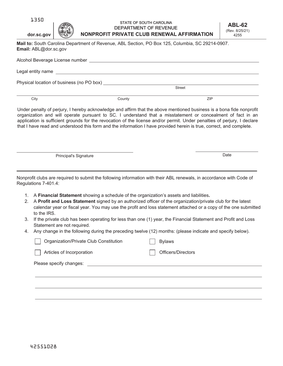 Form ABL-62 Download Printable PDF or Fill Online Nonprofit Private ...