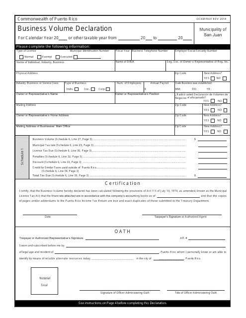 Form OCAM PA01 Business Volume Declaration - Puerto Rico