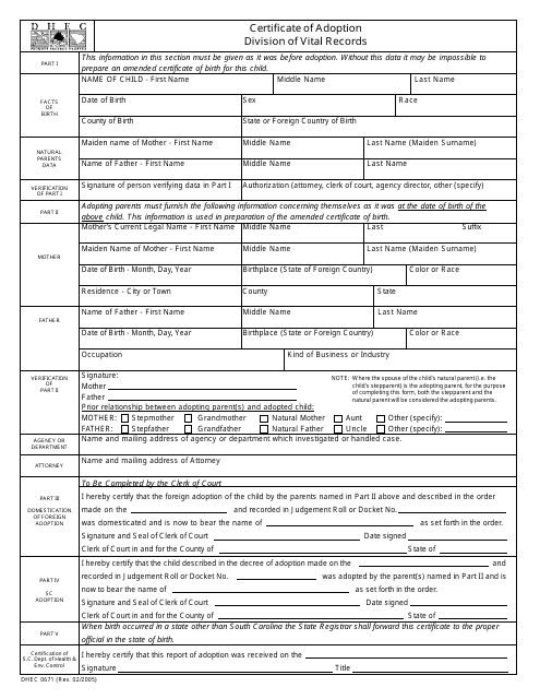 DHEC Form 0671 Certificate of Adoption - South Carolina