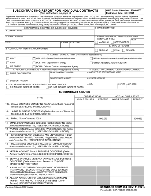 Form SF-294 Subcontracting Report for Individual Contracts