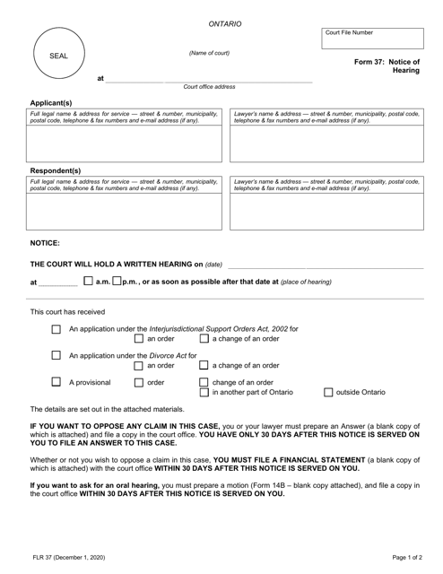 Form 37 Notice of Hearing - Ontario, Canada