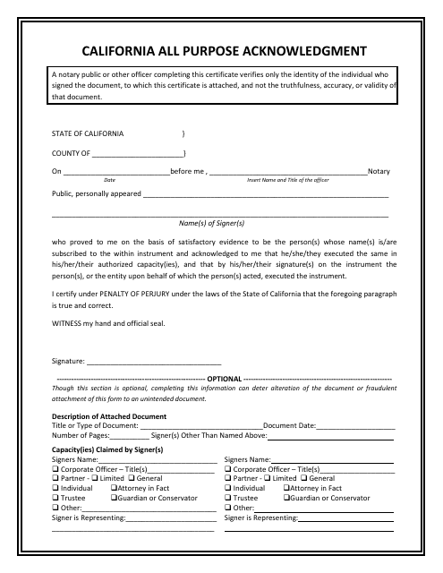 All Purpose Acknowledgment Form - California