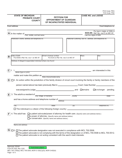 Form PC625 Petition for Appointment of Guardian of Incapacitated Individual - Michigan