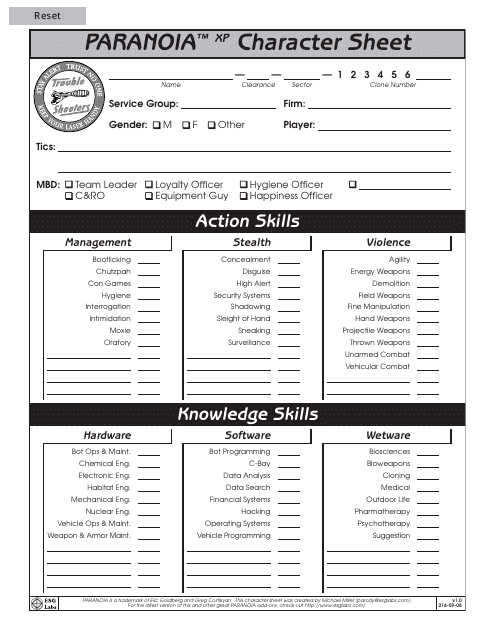 Paranoia XP character sheet template - Modern and detailed design