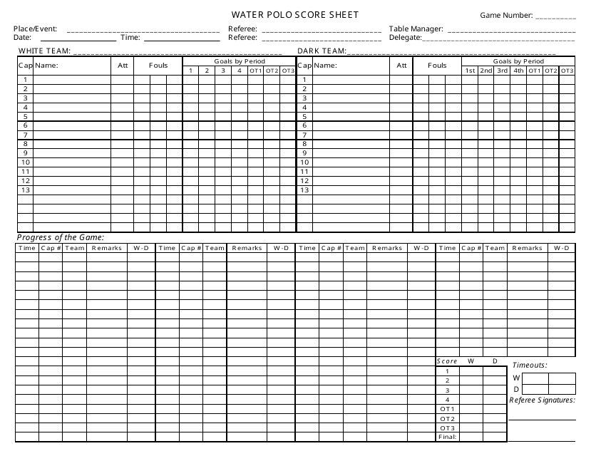 Water Polo Score Sheet Template - Without Grey Columns Download ...