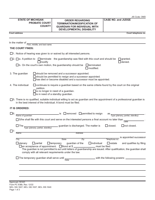 Form PC638B Order Regarding Termination/Modification of Guardian for Individual With Developmental Disability - Michigan