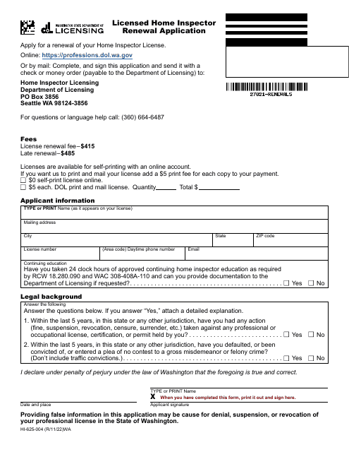 Form HI-625-004 Licensed Home Inspector Renewal Application - Washington