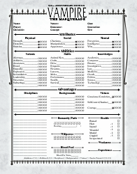 Document preview: Vampire: the Masquerade 20th Anniversary Character Sheet