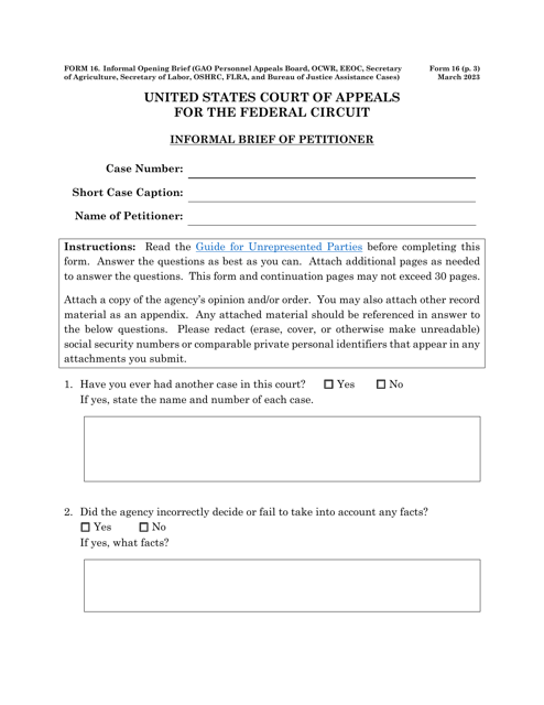 Form 16 Informal Brief (Gao, Ocwr, EEOC, Secretary of Agriculture, Secretary of Labor, Oshrc, FLRA, and Bureau of Justice Assistance Cases)