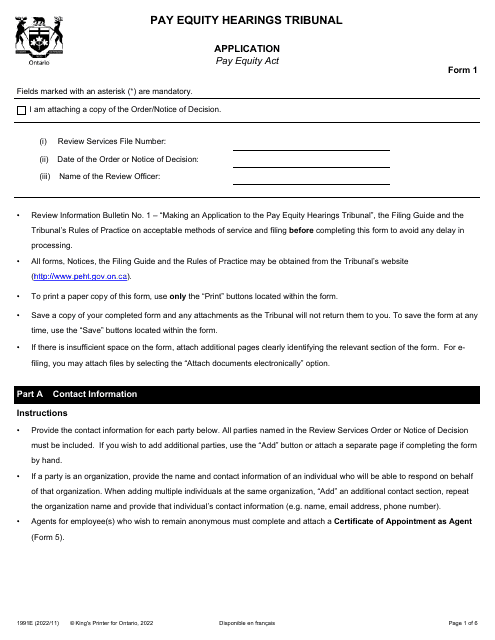 Form 1 (1991E) Application for Hearing - Ontario, Canada