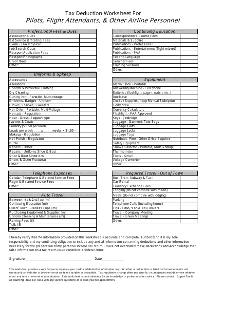 Tax Deduction Worksheet for Pilots, Flight Attendants, & Other Airline Personnel