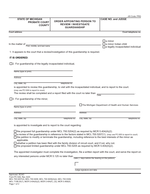 Form PC635 Order Appointing Person to Review/Investigate Guardianship - Michigan