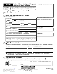 Document preview: Form JV-250 Notice of Court Hearing and Temporary Restraining Order - Juvenile - California