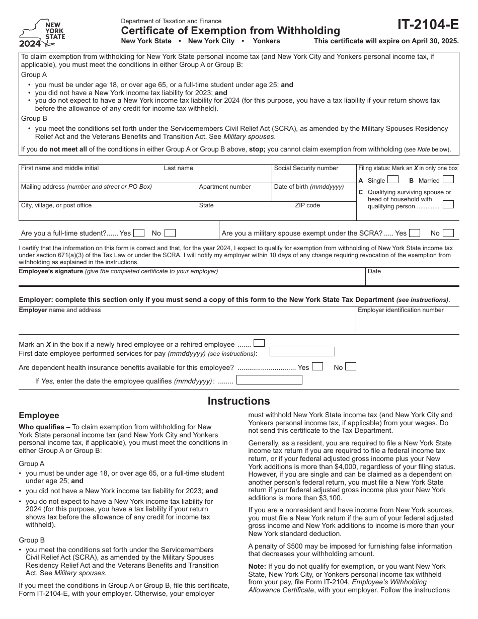 Form IT2104E Download Fillable PDF or Fill Online Certificate of