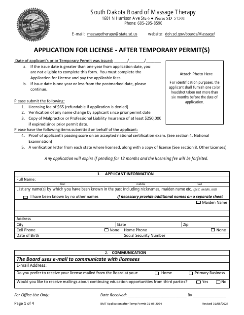 South Dakota Application for License - After Temporary Permit(S) - Fill ...