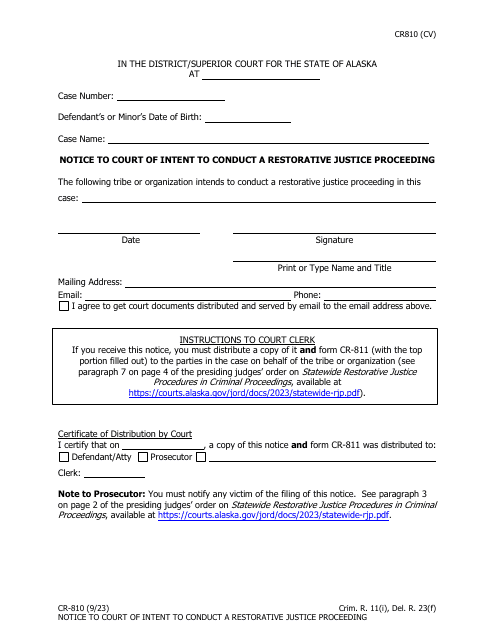 Form CR-810 Notice to Court of Intent to Conduct a Restorative Justice Proceeding - Alaska