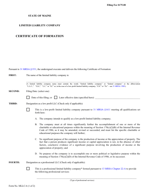 Form MLLC-6 Certificate of Formation - Limited Liability Company - Maine