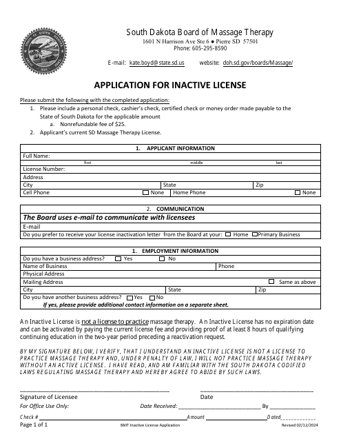 South Dakota Application for Inactive License Download Printable PDF ...