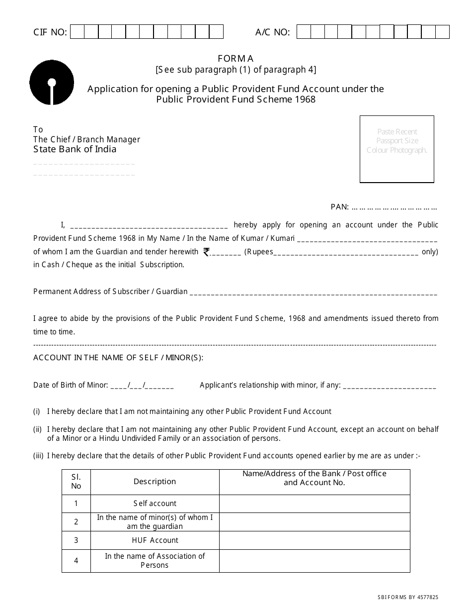 Form A Application for Opening a Public Provident Fund Account Under the Public Provident Fund Scheme - State Bank of India - India, Page 1