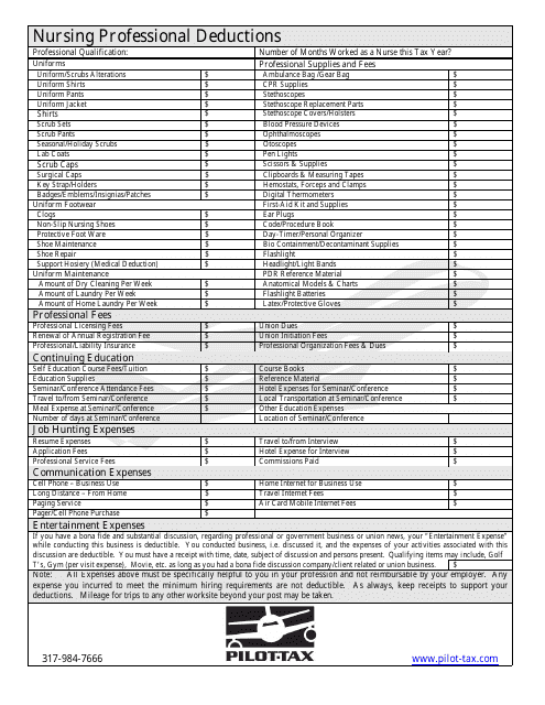 Nursing Professional Deductions Form - Pilot Tax