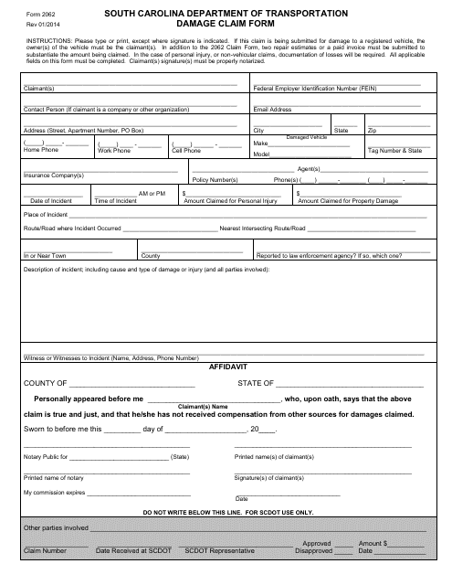 Form 2062 Damage Claim Form - South Carolina