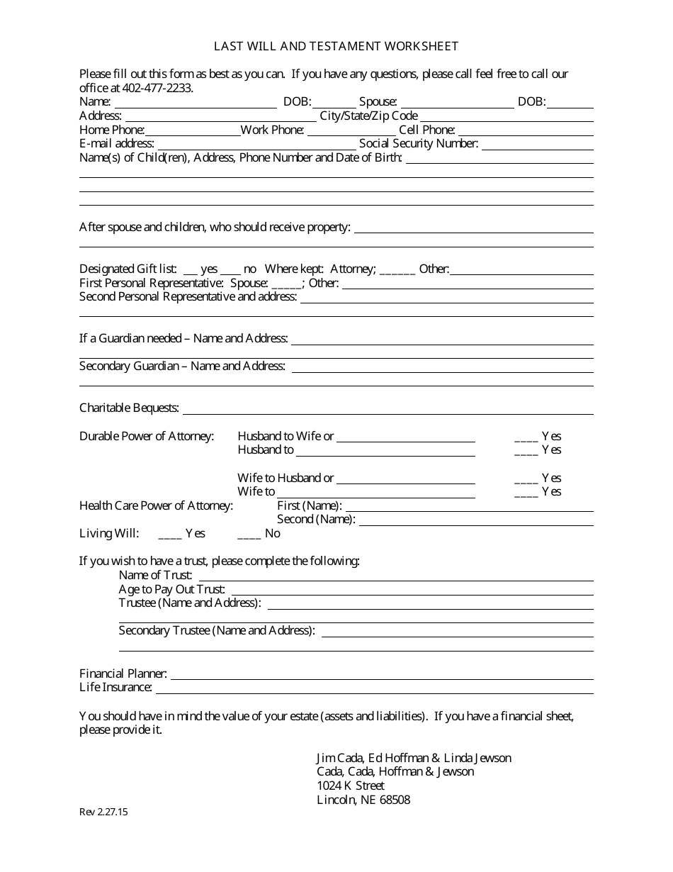 Last Will and Testament Worksheet Template Download Printable PDF ...