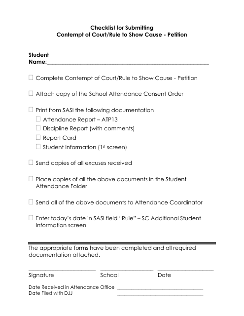 Checklist for Submitting Contempt of Court/Rule to Show Cause - Petition (School District of Colleton County) - County of Colleton, South Carolina