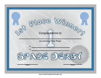 Document preview: Space Derby First Place Certificate Template