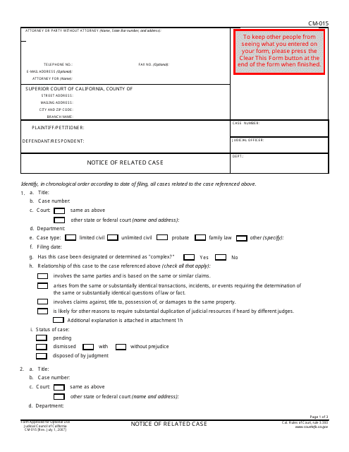 Form CM-015 Notice of Related Case - California