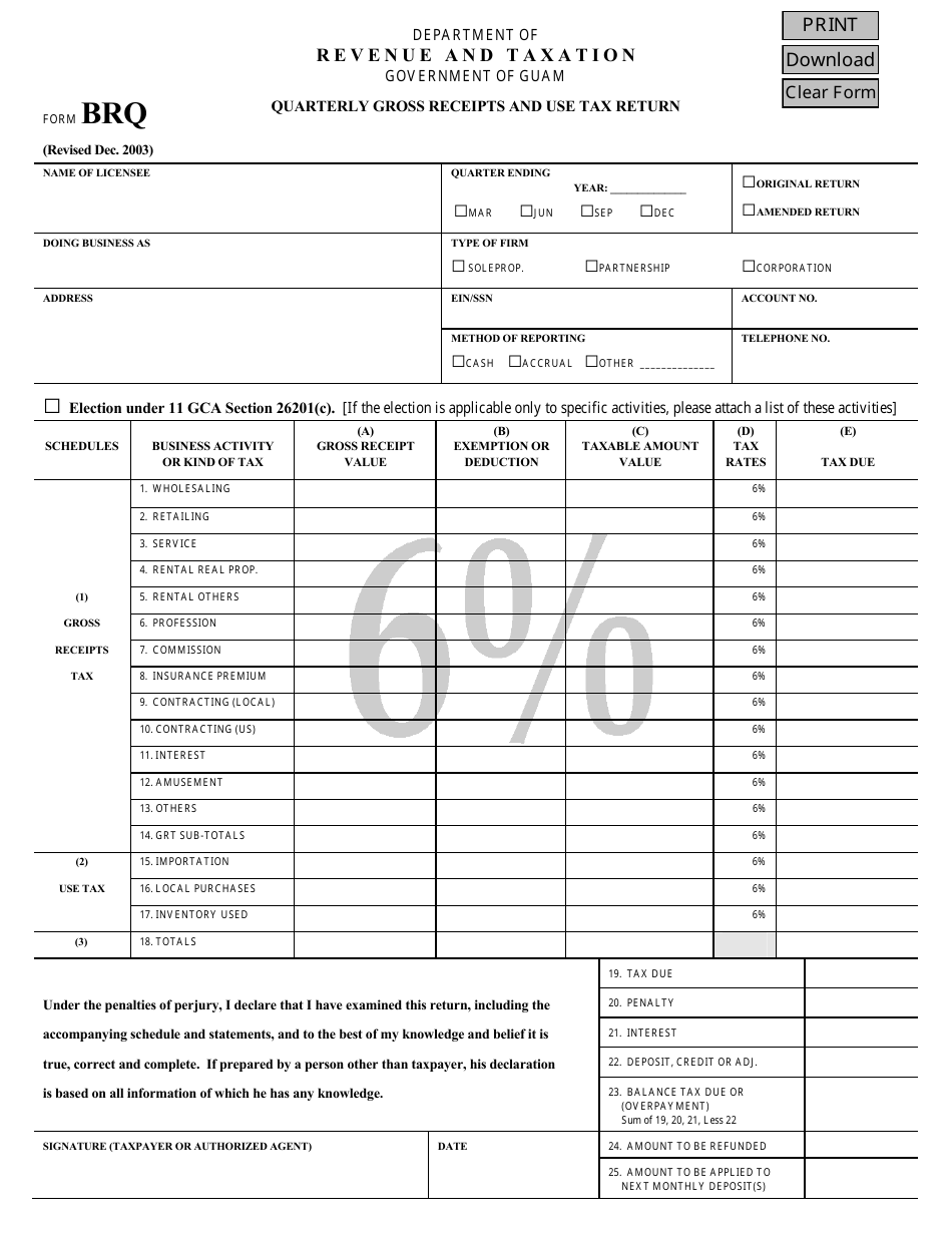 Form brq Quarterly Gross Receipts and Use Tax Return - Guam, Page 1