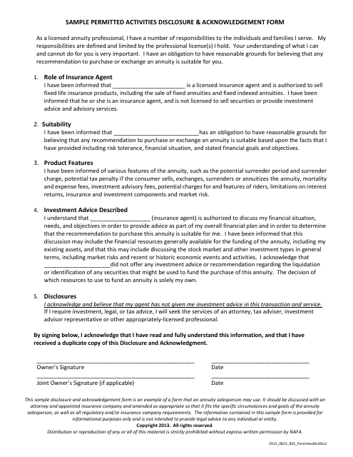 Sample Permitted Activities Disclosure & Acknowledgement Form