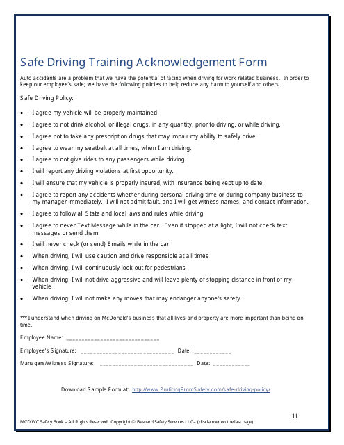 Safe Driving Training Acknowledgement Form