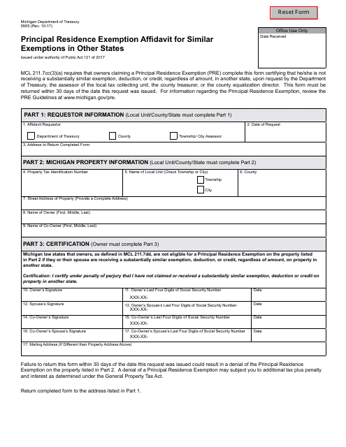 Form 5565 Principal Residence Exemption Affidavit for Similar Exemptions in Other States - Michigan