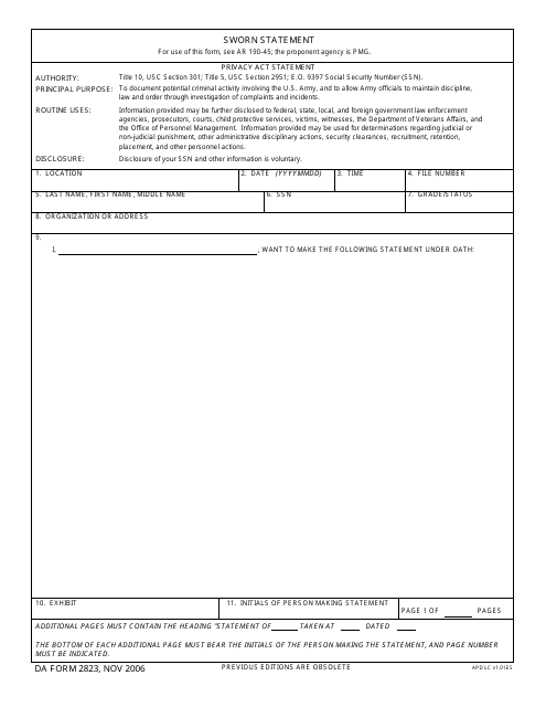 Army Sworn Statement Da Form 2823 Pdf Fillable - Printable Forms Free ...