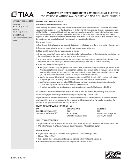 Form F11434 Mandatory State Income Tax Withholding Election for Periodic Withdrawals That Are Not Rollover Eligible - Tiaa