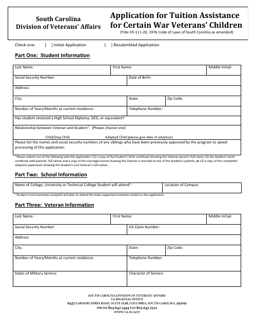 Application for Tuition Assistance for Certain War Veterans' Children - South Carolina