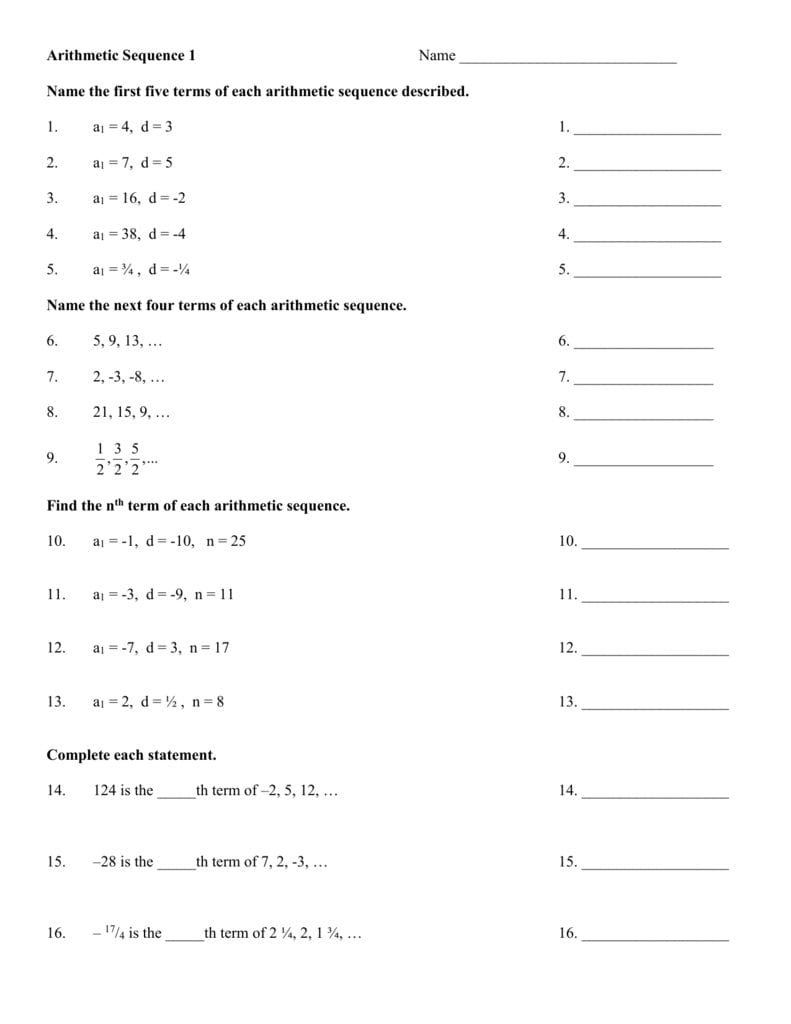 Arithmetic Sequence Worksheet 1