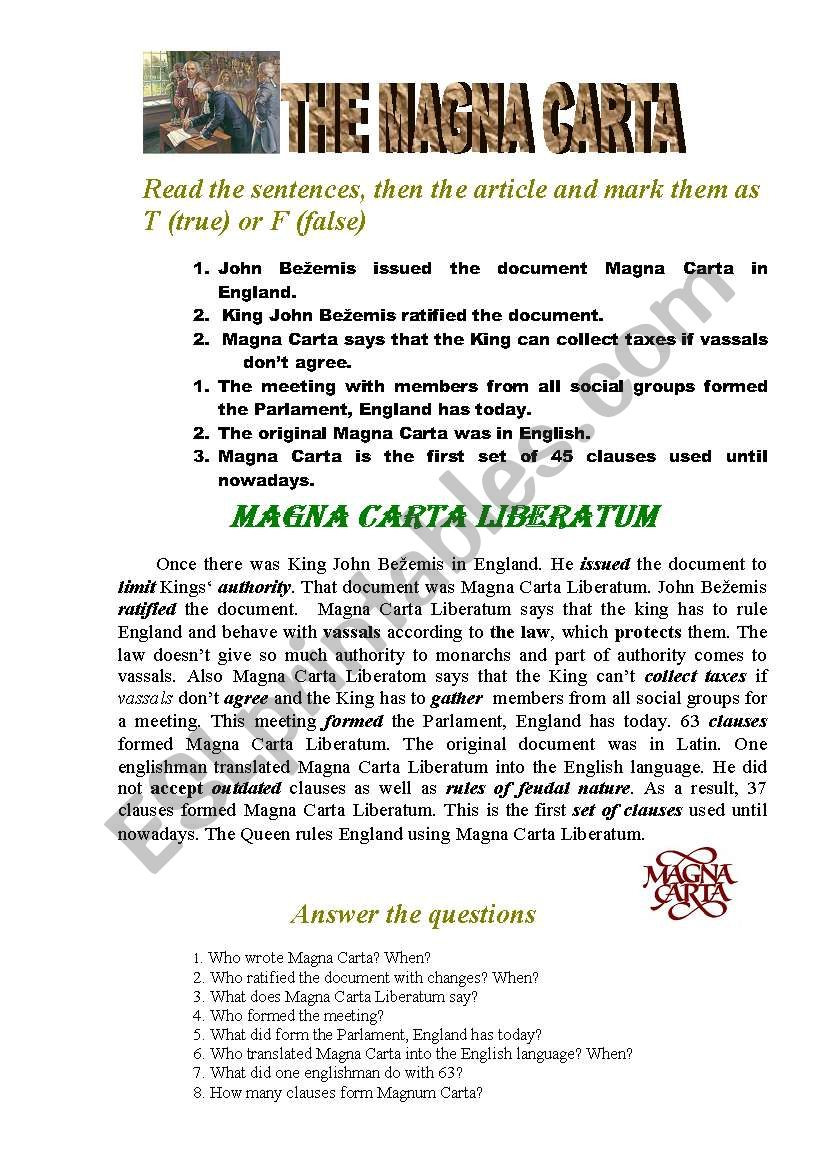 Magna Carta Reading Comprehension Worksheet