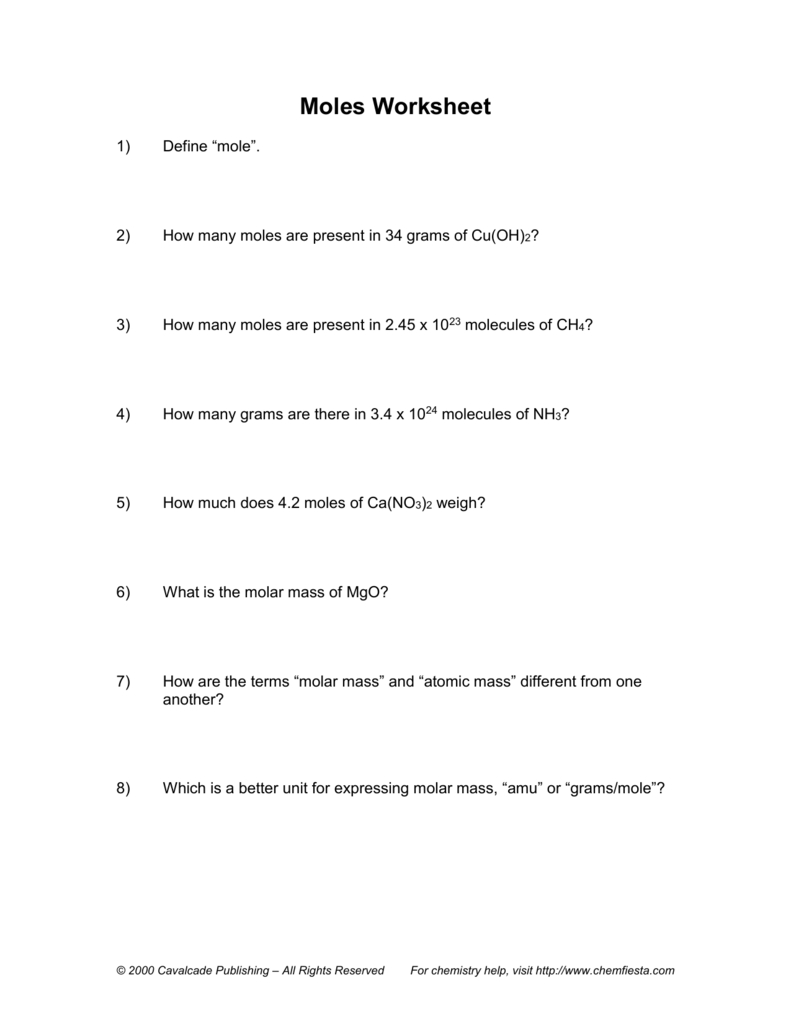 Moles Worksheet Chemistry